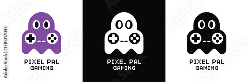 Three variations of a pixelated ghost character logo with game controller eyes, labeled Pixel Pal Gaming in different colors.