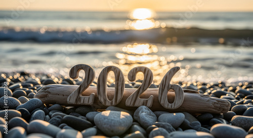 Welcoming 2026 with seaside serenity. Ideal for New Year's resolutions, vacation planning, financial goals & travel promotions. Beach, sunrise, and positive outlook.