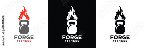Three variations of a kettlebell logo with flames for Forge Fitness, featuring black, red, and white color schemes.