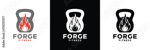 Three variations of Forge Fitness logo featuring kettlebell and flame designs in black, white, and gray color schemes.