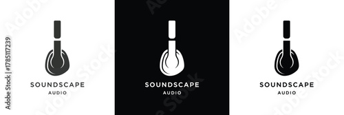 Three black-and-white logo variations for Soundscape, featuring a minimalist headphone icon and typography.