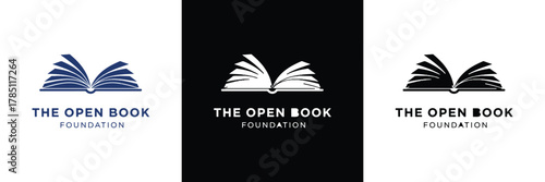 Three variations of The Open Book Foundation logo with different backgrounds, showcasing design versatility and branding consistency.