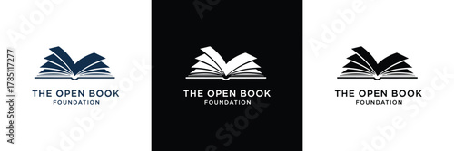 Three variations of The Open Book Foundation logo featuring a book icon and typography on a black background. Ideal for branding.