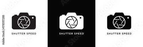 Three minimalist camera icons in black and white, each labeled with different shutter speed settings for photography.