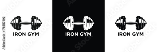 Minimalist iron gym logo featuring a dumbbell icon in black and white, ideal for fitness branding and gym identity.