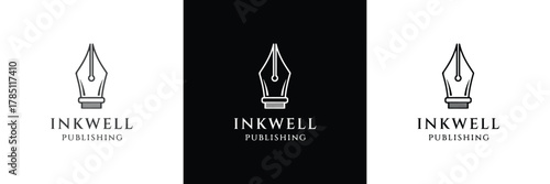 Three elegant Inkwell fountain pen logos in black, white, and dark themes, showcasing minimalist design aesthetics.