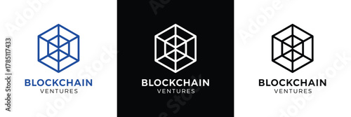 Three sleek blockchain logos featuring geometric hexagon designs in blue, white, and black color schemes for tech branding.