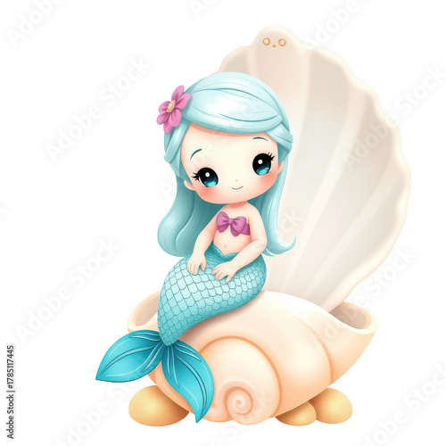 Cute cartoon mermaid sitting in a seashell isolated on transparent background