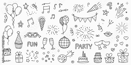 Collection of hand drawn doodle elements for birthday party celebration and festive events
