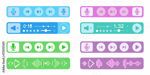 Collection of colorful digital audio player and recording interface elements with icons for play pause and microphone