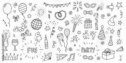 Collection of hand drawn doodle elements for party celebration and fun occasions