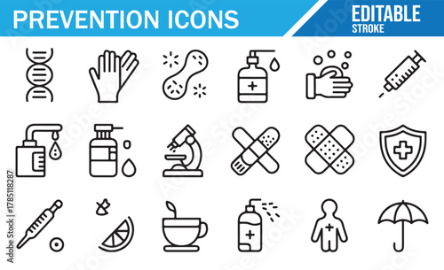 Prevention Line Icons Set — Hygiene, Vaccination, Safety, Health Protection, Handwashing, and Disease Control Concepts in Editable Stroke Vector Illustration