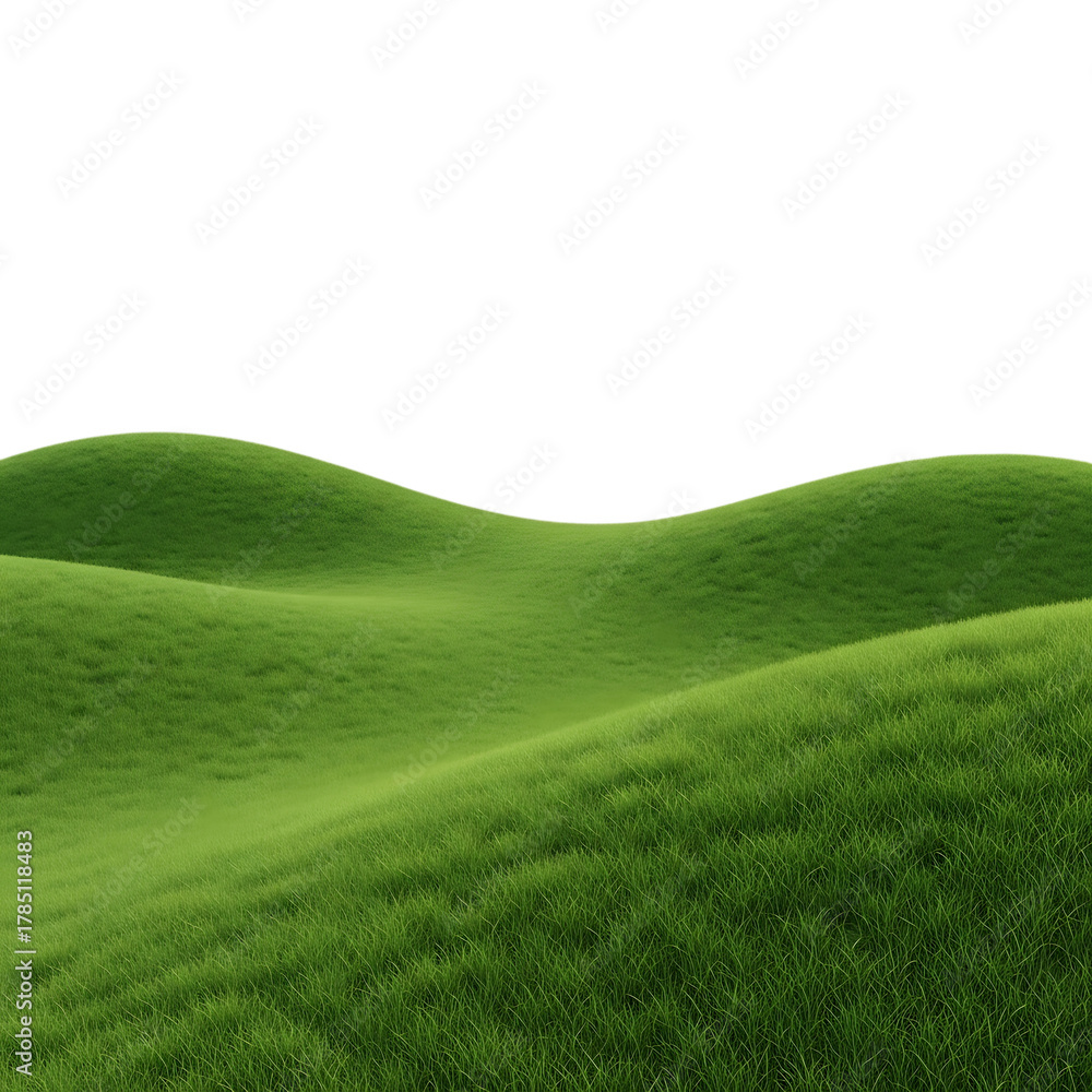 Obraz premium Rolling green grassy hills, with smooth curves and a dark sky, cutout, PNG isolated on white or transparent background