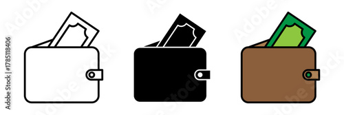 A modern flat-style wallet with cash icon in colored, filled, and stroke design. Represents money, finance, payment, budgeting, and savings.