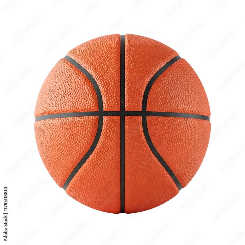 Fototapeta premium Detailed close-up of a textured orange basketball, with black seams, cutout, PNG isolated on white or transparent background