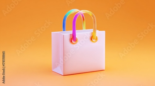 Elegant white shopping bag with vibrant rainbow handles pops against a warm orange background, perfect for retail and advertising.