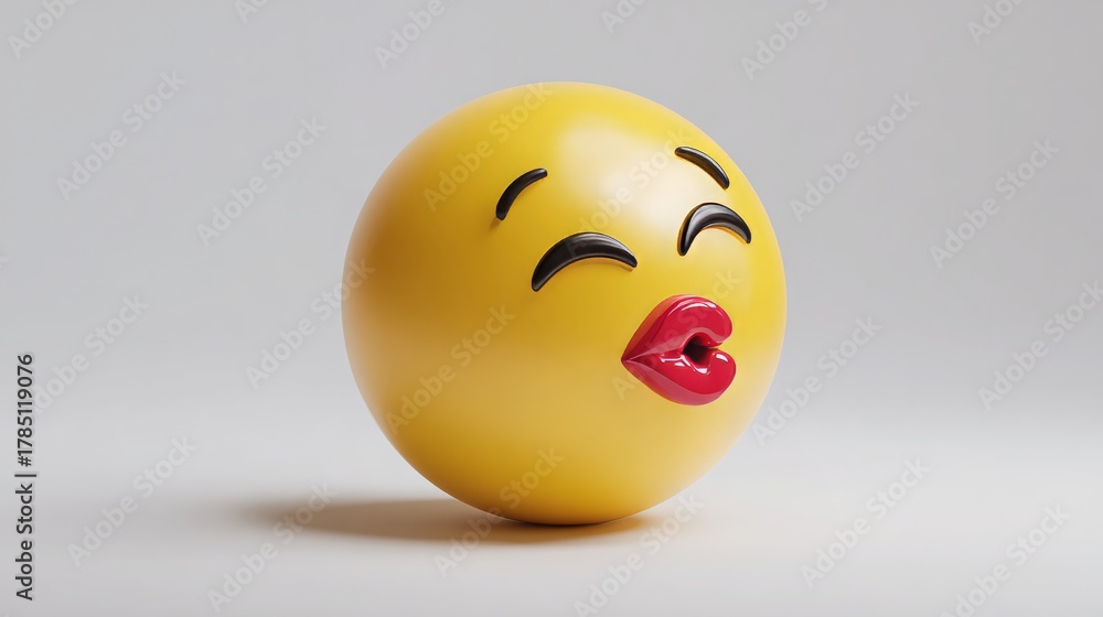 Fototapeta premium Expressive yellow emoji with puckered red lips sending a playful kiss, perfect for conveying affection and fun in digital communication.