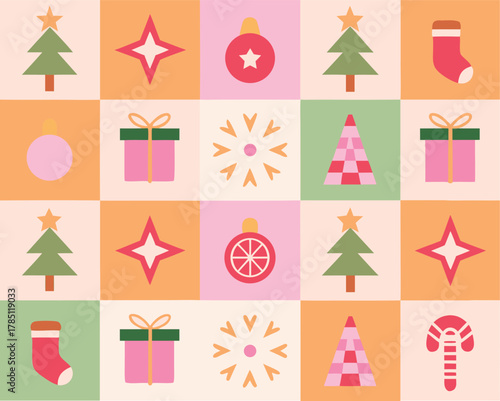 A repeating pattern of simple geometric Christmas elements