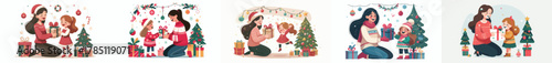 vector of mother giving children christmas gifts
