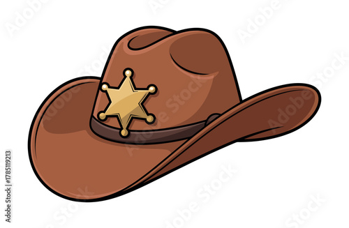 A brown cowboy hat with a golden sheriff's badge is displayed against a white background.