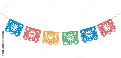 Papel Picado banners with floral designs hang on a string