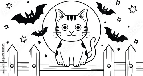 Black and white cartoon cat sitting on fence with bats and stars