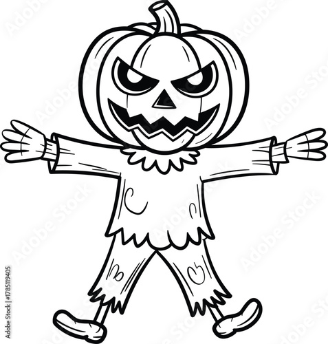 Black and white cartoon scarecrow with pumpkin head
