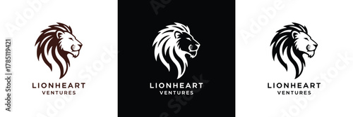 Three monochrome logos of Lionheart Ventures with a stylized lion head and text, showcasing minimalist design elements.