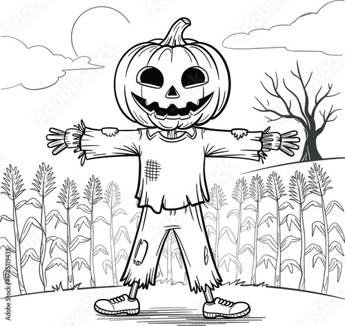 Black and white cartoon scarecrow with pumpkin head in cornfield