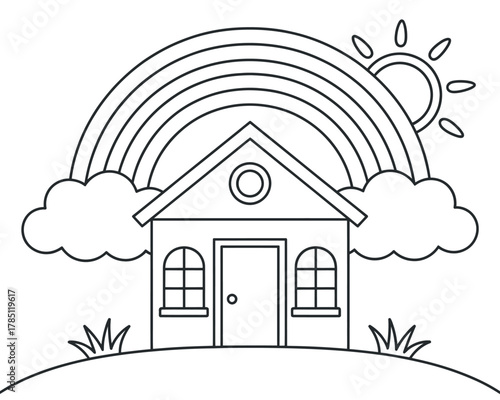 A simple drawing of a house under a rainbow with clouds and the sun.