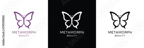 Three stylish butterfly logos for Metamorphosi brand, featuring minimalist designs in purple, white, and black themes.