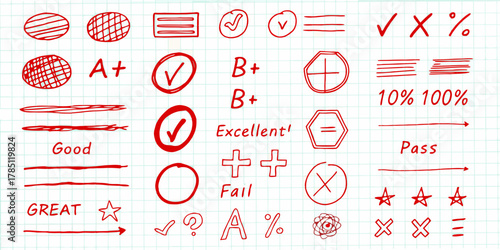 Collection of hand drawn red school grading symbols and marks on a grid paper background