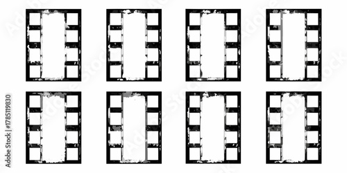 Eight distressed black and white film strip frames with empty white rectangles for images