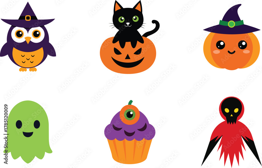 Fototapeta premium Collection Set of Halloween Elements with Pumpkins and Spooky Decorations Vector illustration