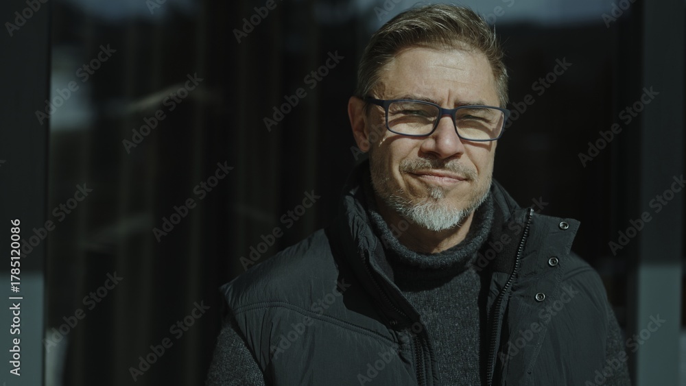 Obraz premium Portrait of middle aged man outdoor wearing pullover and vest. Middle aged male outdoor in front of wooden mountain home. Eyeglasses and gray hair. Confident look. Autumn clothing.