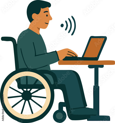 A man in a wheelchair works comfortably at his laptop, showing an inclusive and accessible workspace environment.