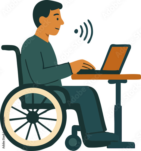 A man in a wheelchair works comfortably at his laptop, showing an inclusive and accessible workspace environment.