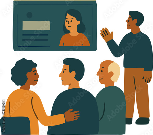 A diverse group of colleagues participates in a hybrid meeting, with some gathered in person and one person joining remotely on a screen, promoting inclusive communication and teamwork.