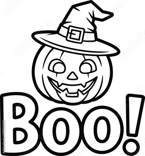 Halloween pumpkin with witch hat and boo text jack o lantern