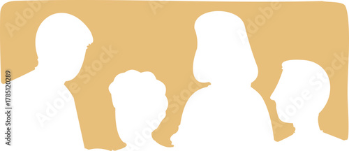 Silhouettes of four people in conversation are shown against a warm beige background, representing group discussion and teamwork.