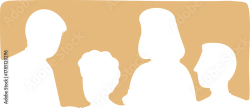 Silhouettes of four people in conversation are shown against a warm beige background, representing group discussion and teamwork.
