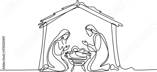 Nativity scene one line drawing baby Jesus Mary Joseph