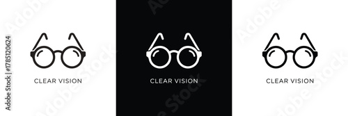 Three logo designs featuring eyeglasses and 'Clear Vision' text, each with unique style, set against black background.