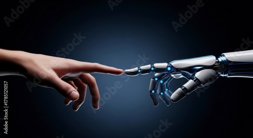 Human and Artificial Touch: A striking visual of a human finger delicately touching a robotic hand, symbolizes the convergence of human and artificial intelligence, technology and mankind.