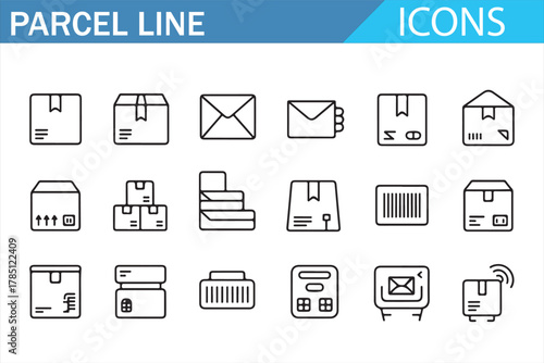 Vector set of packaging and parcel line icons for ecommerce and transport