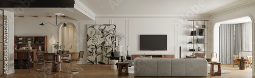 3d render luxuty home interior living room dining space