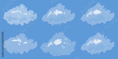 Six stylized cartoon clouds in varying shades of blue and white against a solid blue sky background