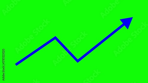 Blue arrow trending upward on a green screen background indicates growth and positive progress in business or financial markets analysis