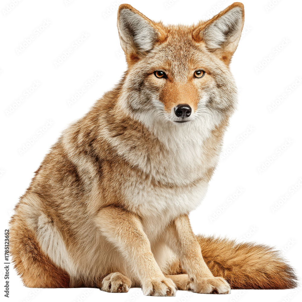 Fototapeta premium Coyote sitting in a watchful pose against a white background in a studio setting