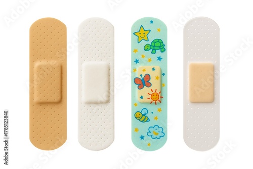 Set of adhesive bandages including kids designs and plain plasters isolated on white background, medical first aid concept, product shot